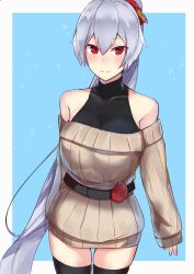 Rule 34 | 1girl, absurdres, alternate costume, bare shoulders, blue background, blush, fate/grand order, fate (series), highres, long sleeves, looking at viewer, nanakaku, ponytail, red eyes, scrunchie, smile, solo, sweater, thighhighs, tomoe gozen (fate), tomoe gozen (first valentine) (fate), zettai ryouiki