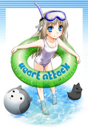Rule 34 | 1girl, ball, barefoot, beachball, blue eyes, diving mask, diving mask on head, dog, fang, goggles, goggles on head, innertube, kouno iku, little busters!, long hair, noumi kudryavka, one-piece swimsuit, school swimsuit, silver hair, snorkel, solo, strelka, swim ring, swimsuit, toy, wading, water, white one-piece swimsuit, white school swimsuit
