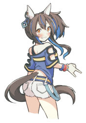 Rule 34 | 1girl, \n/, absurdres, animal ears, arm at side, bead bracelet, beads, belt, blouse, blue shirt, blush, bracelet, brown hair, clothing cutout, cropped legs, cutoffs, daitaku helios (umamusume), ear covers, enoki art, from behind, grin, hair ornament, hairclip, highres, horse ears, horse girl, horse tail, jewelry, long hair, looking at viewer, looking back, multicolored hair, necklace, off-shoulder shirt, off shoulder, orange eyes, shirt, shorts, side ponytail, simple background, smile, solo, tail, teeth, two-tone hair, umamusume, white background, white shorts