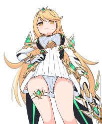 Rule 34 | 1girl, bare legs, bare shoulders, blonde hair, breasts, chest jewel, cleavage cutout, clothing cutout, dress, earrings, elbow gloves, gloves, highres, jewelry, large breasts, long hair, mythra (xenoblade), panties, pantyshot, paskmel, short dress, solo, swept bangs, thigh strap, tiara, underwear, upskirt, very long hair, white dress, white gloves, xenoblade chronicles (series), xenoblade chronicles 2, yellow eyes