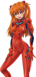Rule 34 | 1girl, :d, blue eyes, bodysuit, bracer, breasts, contrapposto, gloves, hair between eyes, hands on own thighs, happy, head tilt, headgear, highres, hip focus, legs apart, long hair, looking at viewer, matsumoto eight, neon genesis evangelion, open mouth, orange hair, pilot suit, plugsuit, rebuild of evangelion, simple background, skin tight, skinny, small breasts, smile, solo, souryuu asuka langley, standing, turtleneck, two side up, white background