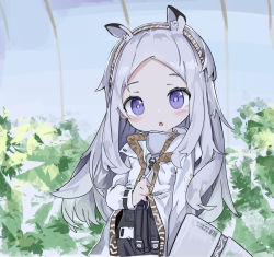 Rule 34 | 1girl, :o, animal ear fluff, animal ears, arknights, black skirt, blush, commentary request, forehead, grey hair, heavyrain (arknights), highres, jacket, long hair, long sleeves, looking at viewer, parted lips, plant, purple eyes, shirt, skirt, solo, teeth, upper teeth only, very long hair, white jacket, white shirt