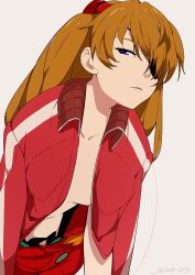 Rule 34 | 10s, 1girl, beige background, blush, bodysuit, breasts, brown hair, center opening, cleavage, evangelion: 3.0 you can (not) redo, eyepatch, grey background, hair over one eye, half-closed eyes, headgear, jacket, jacket on shoulders, jpeg artifacts, long hair, long sleeves, looking at viewer, neon genesis evangelion, open clothes, open jacket, parted lips, pilot suit, plugsuit, rebuild of evangelion, red jacket, signature, simple background, single vertical stripe, small breasts, so shina, sohin, solo, souryuu asuka langley, track jacket