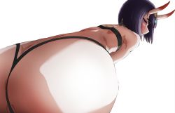 Rule 34 | 1girl, ass, ass focus, back, bare shoulders, blush, bob cut, breasts, butt crack, closed mouth, eyeliner, fate/grand order, fate (series), from below, headpiece, highres, horns, looking at viewer, looking down, makeup, mitarashi o, oni, perspective, purple eyes, purple hair, short eyebrows, short hair, shuten douji (fate), simple background, skin-covered horns, small breasts, smile, solo, white background