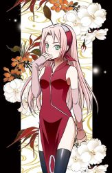 Rule 34 | 1girl, bare shoulders, black thighhighs, blush, breasts, china dress, chinese clothes, detached sleeves, dress, eyelashes, floral background, green eyes, hand to own mouth, haruno sakura, headband, long hair, looking at viewer, nanji3, naruto, naruto (series), pillarboxed, pink hair, shiny clothes, sleeveless, smile, solo, standing, thighhighs, thighs, zipper