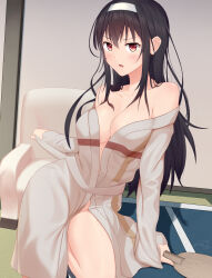Rule 34 | 1girl, absurdres, alternate costume, bare shoulders, black hair, blush, breasts, cleavage, clothing request, collarbone, commentary, curvy, feet out of frame, hair between eyes, hair over shoulder, hairband, highres, holding, holding racket, indoors, kasumigaoka utaha, large breasts, long hair, long sleeves, looking at viewer, nearoul kishi, open mouth, racket, red eyes, saenai heroine no sodatekata, serious, sidelocks, signature, sleepwear, sleeves past wrists, solo, standing, standing on one leg, straight hair, table tennis, undressing, v-shaped eyebrows, very long hair, white hairband