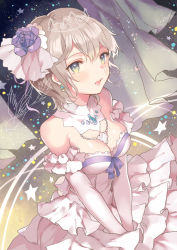 Rule 34 | 10s, 1girl, anastasia (idolmaster), bare shoulders, blue eyes, breasts, cleavage, detached collar, dress, elbow gloves, flower, frilled dress, frills, gloves, hair flower, hair ornament, idolmaster, idolmaster cinderella girls, jewelry, parted lips, reeh (yukuri130), short hair, silver hair, solo, tiara, wedding dress