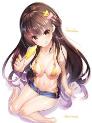 Rule 34 | 1girl, bare arms, bare legs, bare shoulders, barefoot, bikini, blush, breasts, brown eyes, brown hair, character name, cleavage, collarbone, cutoffs, flower knight girl, food, hair ornament, hairpin, halterneck, highres, holding, holding food, ionocidium (flower knight girl), long hair, looking at viewer, medium breasts, messy, navel, popsicle, short shorts, shorts, side-tie bikini bottom, simple background, sitting, smile, solo, sorimura youji, string bikini, swimsuit, tongue, tongue out, twitter username, very long hair, white background, yellow bikini