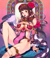 Rule 34 | 1girl, bare legs, barefoot, blunt bangs, blush, character request, commentary request, f.s., flower, gradient hair, headdress, hime cut, lips, long hair, looking at viewer, multicolored hair, no panties, pelvic curtain, sangokushi taisen, shiny skin, solo, thighs, wide sleeves