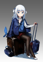 Rule 34 | 1girl, 2022, absurdres, advarcher, black pantyhose, blue eyes, blue hair, closed mouth, fins, fish tail, gawr gura, highres, holding, hololive, hololive english, long sleeves, multicolored hair, pantyhose, pleated skirt, rolling suitcase, shark girl, shark tail, short twintails, sitting, skirt, smile, solo, streaked hair, suitcase, tail, twintails, virtual youtuber, white hair