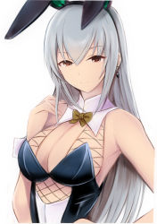 Rule 34 | 1girl, animal ears, arm up, bare shoulders, blue hair, bow, bowtie, breasts, brown eyes, center opening, cleavage, detached collar, earrings, fake animal ears, fishnets, hand on own hip, head tilt, idolmaster, idolmaster cinderella girls, jewelry, large breasts, leotard, light blue hair, long hair, looking at viewer, nannacy7, playboy bunny, rabbit ears, rabbit girl, sidelocks, simple background, sleeveless, solo, takamine noa, white background, wrist cuffs, yellow bow, yellow bowtie