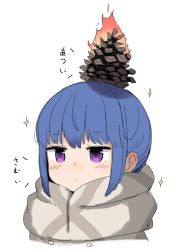 Rule 34 | 1girl, blue hair, burning, cropped torso, dot mouth, expressionless, fire, gamuo, pinecone, purple eyes, scarf, shima rin, sidelocks, simple background, sketch, solo, sparkle, striped clothes, striped scarf, upper body, white background, winter clothes, yurucamp