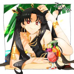 Rule 34 | 1girl, armlet, asymmetrical legwear, asymmetrical sleeves, bad id, bad pixiv id, beach, black hair, character name, cocktail, cocktail glass, commentary request, crossed legs, crown, cup, detached sleeves, drinking glass, earrings, elbow gloves, fate/grand order, fate (series), food, fruit, gloves, hand on own chin, head rest, highres, hoop earrings, iris (tb33064667), ishtar (fate), jewelry, legs together, legs up, long hair, looking at viewer, lying, neck ring, on stomach, palm leaf, palm tree, parted bangs, red eyes, sand, single detached sleeve, single elbow glove, single sleeve, single thighhigh, smile, smug, solo, the pose, thighhighs, tiara, toeless legwear, tree, two side up, uneven legwear, uneven sleeves