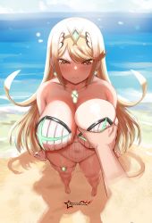 Rule 34 | 1girl, absurdres, awesomeerix, blonde hair, breasts, chest jewel, gem, grabbing, grabbing another&#039;s breast, headpiece, highres, large breasts, long hair, mythra (radiant beach) (xenoblade), mythra (xenoblade), one-piece swimsuit, rex (xenoblade), ribbed swimsuit, strapless, strapless one-piece swimsuit, striped clothes, striped one-piece swimsuit, swept bangs, swimsuit, tiara, vertical-striped clothes, vertical-striped one-piece swimsuit, very long hair, white one-piece swimsuit, xenoblade chronicles (series), xenoblade chronicles 2, yellow eyes