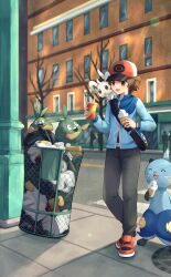 Rule 34 | 1boy, :d, absurdres, blue jacket, brown eyes, brown hair, building, commentary request, creatures (company), crosswalk, cup, day, dewott, disposable cup, ebi-chan (tvyd2583), food, game freak, gen 5 pokemon, hat, highres, hilbert (pokemon), holding, holding cup, ice cream, jacket, male focus, minccino, nintendo, open mouth, outdoors, pants, pokemon, pokemon (creature), pokemon bw, road, shoes, short hair, smile, standing, street, trash can, trubbish, window