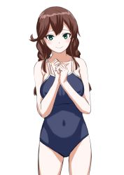 Rule 34 | 1girl, 30-06, bare legs, blue one-piece swimsuit, braid, breasts, brown hair, collarbone, competition school swimsuit, covered erect nipples, covered navel, cowboy shot, green eyes, hair ornament, highres, kantai collection, looking at viewer, noshiro (kancolle), one-piece swimsuit, school swimsuit, simple background, solo, swept bangs, swimsuit, twin braids, white background