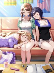Rule 34 | 3girls, absurdres, asaka karin, bedroom, black hair, blush, braid, breasts, brown hair, closed eyes, commentary, couch, emma verde, eyelashes, head on another&#039;s shoulder, highres, indoors, konoe kanata, lap pillow, large breasts, love live!, love live! nijigasaki high school idol club, mia (fai1510), mole, mole on collarbone, multiple girls, on couch, parted lips, shorts, sitting, sleeping, thighs, twin braids, twintails
