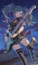 Rule 34 | 1girl, black thighhighs, blue eyes, blue hair, bow, breasts, chair, classroom, collared shirt, desk, electric guitar, frilled skirt, frilled sleeves, frills, from below, guitar, hair ornament, hairclip, hatsune miku, highres, holding, holding instrument, instrument, kaito (k4itoh), leg up, leo/need (project sekai), leo/need miku, long hair, multicolored hair, music, one eye closed, open mouth, pink hair, playing instrument, plectrum, project sekai, safety pin, school desk, shirt, short sleeves, skirt, small breasts, smile, solo, standing, standing on one leg, star (sky), thighhighs, twintails, vocaloid