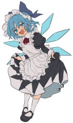 Rule 34 | 1girl, :d, adapted costume, alternate costume, apron, black dress, black footwear, blue bow, blue eyes, blue hair, blush, bow, bowing, cirno, clothes lift, dress, dress lift, dutch angle, enmaided, eyes visible through hair, flat color, frilled apron, frills, full body, hair bow, highres, ice, ice wings, juliet sleeves, kneehighs, light blush, long sleeves, looking at viewer, maid, maid apron, maid headdress, manarou, mary janes, neck ribbon, open mouth, puffy sleeves, red ribbon, ribbon, shoes, simple background, smile, smug, socks, solo, standing, touhou, white apron, white background, white socks, wing collar, wings