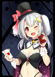 Rule 34 | 1girl, 3.14, ;d, bell, black panties, blush, breasts, capelet, card, collar, corset, crescent, crescent hair ornament, fang, grey hair, hair ornament, hat, hearts (playing card), highleg, highleg panties, holding, holding card, jingle bell, long hair, looking at viewer, medium breasts, navel, neck bell, one eye closed, open mouth, original, panties, playing card, purple eyes, sidelocks, smile, solo, star (symbol), tareme, top hat, two side up, underwear, upper body