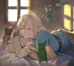 Rule 34 | 1boy, belt, bishounen, blonde hair, blue tunic, brown belt, closed eyes, commentary request, creature, earrings, eyelashes, hair between eyes, indoors, jewelry, korok, light particles, light rays, link, lying, male focus, nintendo, on bed, on stomach, pillow, pointy ears, solo, sunlight, the legend of zelda, the legend of zelda: breath of the wild, window, yijiao