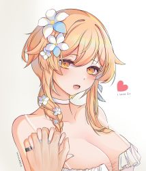Rule 34 | blonde hair, braid, breasts, cleavage, collarbone, dress, eyelashes, eyes visible through hair, flower, genshin impact, hand up, highres, holding hands, large breasts, looking at viewer, lumine (genshin impact), necktie, open mouth, short hair, simple background, smile, unosaki2, white background, white dress, yellow eyes