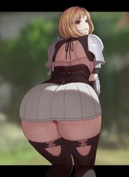Rule 34 | 1girl, armor, ass, ass focus, blonde hair, blush, breasts, djeeta (granblue fantasy), from behind, granblue fantasy, green eyes, grin, hair intakes, hairband, highres, huge ass, leaning, leaning forward, looking at viewer, looking back, medium breasts, miniskirt, naughty face, rebelwear (granblue fantasy), short hair, sideboob, sinnitoksi, skirt, smile, solo, thick thighs, thighhighs, thighs, thong