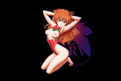 Rule 34 | 1girl, adapted costume, arms up, bare legs, barefoot, black background, blue eyes, blush, breastless clothes, breasts, brown hair, drew gardner, full body, highleg, highleg leotard, highres, leotard, logo, long hair, looking at viewer, medium breasts, neon genesis evangelion, nerv, nipples, plugsuit, red leotard, see-through, shiny clothes, shiny skin, simple background, skin tight, smile, solo, souryuu asuka langley, thighs, thong leotard, very long hair