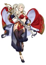 Rule 34 | 1girl, absurdres, black thighhighs, bridal gauntlets, cosplay, ebinku, edelgard von hresvelg, fire emblem, fire emblem: three houses, fire emblem awakening, fire emblem heroes, full body, highres, holding, holding sword, holding weapon, long hair, nintendo, olivia (fire emblem), olivia (fire emblem) (cosplay), parted lips, purple eyes, side ponytail, simple background, solo, sword, thighhighs, weapon, white background, white hair