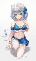 Rule 34 | 1girl, animal ears, aqua eyes, arm at side, bare shoulders, bikini, bikini skirt, blue bow, blue hair, blue skirt, blush, bow, breasts, cat ears, cat girl, cat tail, choker, cleavage, closed mouth, collarbone, colored inner hair, detached sleeves, frilled bikini, frilled skirt, frilled sleeves, frills, full body, grey hair, hair bow, hand on own chest, highres, large breasts, looking at viewer, may9, multicolored hair, navel, on one knee, original, puffy short sleeves, puffy sleeves, short hair, short sleeves, signature, simple background, skirt, solo, stomach, swimsuit, tail, tail bow, tail ornament, thighhighs, thighs, two-tone hair, white background, white choker, white thighhighs