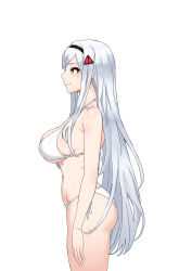 Rule 34 | !, 1girl, absurdres, armpit crease, ass, bikini, black hairband, black lilith (last origin), breasts, cain (gunnermul), closed mouth, commentary request, cowboy shot, from side, hairband, highres, korean commentary, large breasts, last origin, long hair, navel, profile, side-tie bikini bottom, simple background, smile, solo, standing, swimsuit, very long hair, white background, white bikini, white hair, yellow eyes