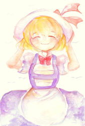 Rule 34 | 1girl, artist name, blonde hair, closed eyes, hands on headwear, hat, hat ribbon, holding, holding clothes, holding hat, kana anaberal, ribbon, shiz (#0077), simple background, smile, solo, touhou, touhou (pc-98), traditional media, twitter username