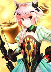 Rule 34 | 1boy, apple, astolfo (fate), atalanta (fate), atalanta (fate) (cosplay), bare shoulders, blush, bow (weapon), braid, cosplay, costume switch, fate/apocrypha, fate (series), food, fruit, golden apple, hair intakes, hair ribbon, juliet sleeves, long hair, long sleeves, looking at viewer, male focus, p answer, pink hair, puffy sleeves, purple eyes, ribbon, single braid, smile, solo, trap, weapon