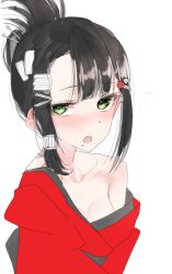 Rule 34 | 1girl, :o, artist name, artist request, bare shoulders, black hair, breasts, cleavage, female focus, green eyes, hair ornament, hairclip, hairpin, highres, japanese clothes, kimono, kurosawa dia, long hair, looking at viewer, love live!, love live! sunshine!!, mole, mole under mouth, nasuno (nasuno42), red kimono, simple background, solo, white background