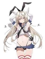 Rule 34 | 1girl, anchor symbol, animal ears, arms up, black panties, blue sailor collar, blue skirt, commentary request, cowboy shot, crop top, elbow gloves, fake animal ears, gloves, gluteal fold, grey eyes, hair between eyes, highleg, highleg panties, highres, kantai collection, long hair, looking at viewer, microskirt, midriff, navel, panties, pleated skirt, rabbit ears, rabbit pose, rensouhou-chan, sailor collar, shimakaze (kancolle), shin no tenpii, shirt, simple background, skirt, solo, standing, striped clothes, striped thighhighs, thigh gap, thighhighs, underwear, very long hair, white background, white gloves, white hair, white shirt