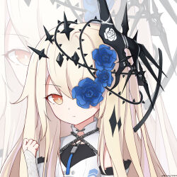 Rule 34 | 1girl, alpha (punishing: gray raven), blue flower, blue rose, chain, closed mouth, detached sleeves, dress, flower, flower over eye, grey hair, hair flower, hair ornament, highres, long hair, long sleeves, lucia: crimson abyss (apocalyptic cyan) (punishing: gray raven), lucia: crimson abyss (punishing: gray raven), one eye covered, punishing: gray raven, red eyes, rose, solo, white dress, xiaopanzi