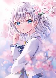 Rule 34 | 1girl, blue eyes, blurry, blurry background, blurry foreground, blush, branch, cherry blossoms, commentary request, depth of field, flower, grey hair, hand up, highres, jacket, long sleeves, looking at viewer, looking to the side, original, parted lips, petals, pink flower, railing, sakura hiyori, solo, upper body, white jacket