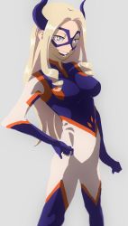 Rule 34 | 10s, 1girl, artist request, blonde hair, bodysuit, boku no hero academia, breasts, domino mask, gloves, grey background, hand on own hip, happy, highres, horns, long hair, looking at viewer, mask, medium breasts, mount lady, no lineart, parted lips, purple eyes, simple background, skin tight, smile, solo, standing, superhero costume, teeth, thighhighs, tongue