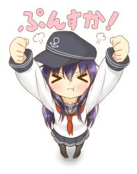 Rule 34 | &gt; &lt;, 10s, 1girl, akatsuki (kancolle), anchor symbol, arms up, ascot, blush, closed eyes, from above, hat, highres, kantai collection, kyounami, long hair, neckerchief, pantyhose, pleated skirt, pout, purple hair, red neckerchief, school uniform, serafuku, skirt, solo, tantrum
