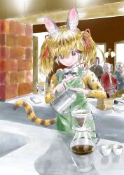 Rule 34 | 1girl, aburaeoyaji, animal ears, apron, bow, bowtie, brown eyes, brown hair, cafe, cat ears, cat girl, cat tail, coffee, coffee cup, cup, disposable cup, extra ears, highres, kemono friends, kemono friends v project, large-spotted genet (kemono friends), long hair, ribbon, shirt, tail, twintails, virtual youtuber