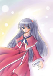 Rule 34 | 1girl, arms at sides, capelet, cowboy shot, dress, female focus, frills, fur trim, grey eyes, grey hair, hair bobbles, hair ornament, long sleeves, looking at viewer, mystic square, red dress, shinki (touhou), simple background, solo, touhou, touhou (pc-98), white background, wide sleeves