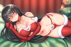 1girl bandages black_choker black_hair blush bra breasts choker christmas folks_(nabokof) hair_between_eyes long_hair looking_at_viewer medium_breasts santa_costume smile solo tales_of_(series) tales_of_berseria thighhighs underwear velvet_crowe very_long_hair yellow_eyes