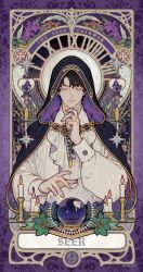 Rule 34 | 1boy, black cloak, black hair, candle, candlelight, candlestand, chinese commentary, cloak, closed eyes, commentary request, crystal, english text, facing viewer, fingernails, flower, highres, holding, holding pendulum, klein moretti, lord of the mysteries, numbered, official art, orb, shirt, short hair, solo, star (symbol), tarot, tarot (medium), white shirt