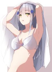Rule 34 | 1girl, :o, armpits, arms up, bad id, bad pixiv id, bare arms, bare shoulders, blunt bangs, blush, bra, breasts, collarbone, commentary request, girls&#039; frontline, green eyes, hair ornament, highres, hk416 (girls&#039; frontline), long hair, looking at viewer, medium breasts, navel, open mouth, purple background, shirt, unworn shirt, silver hair, solo, stomach, two-tone background, underwear, underwear only, unimon e, upper body, white bra, white shirt