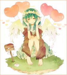 Rule 34 | 1girl, ^ ^, bad id, bad pixiv id, balloon, bandages, barefoot, blush, closed eyes, dress, closed eyes, flower, green hair, head wreath, heart, heart balloon, highres, letter, lingmuzi, long hair, love letter, mailbox, original, sitting, smile, solo, wings