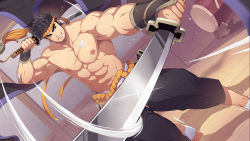Rule 34 | 1boy, abs, bara, beard, biceps, black hair, chest hair, dual wielding, dutch angle, facial hair, foot out of frame, gyee, hachimaki, hakama, hakama pants, headband, highres, holding, holding sword, holding weapon, japanese clothes, katana, kimono, lan (gyee), large pectorals, male focus, mazjojo, muscular, muscular male, navel, nipples, official art, official wallpaper, open clothes, open kimono, pants, pectorals, topless male, short hair, smile, solo, spiked hair, stomach, sword, veins, weapon, wind