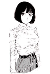 Rule 34 | 1girl, bad id, bad pixiv id, belt, black hair, breasts, chain, closed mouth, dende (dndn222), greyscale, highres, large breasts, long belt, long sleeves, looking at viewer, midriff, monochrome, original, pants, scan, scan artifacts, shirt, short hair, solo, standing, sweater, traditional media, turtleneck, turtleneck sweater