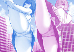 Rule 34 | 2girls, ass, blue sky, blue theme, blush, breasts, building, closed mouth, cloud, commentary request, contllenge, day, embarrassed, gridman universe, large breasts, leg up, long sleeves, looking at viewer, monochrome, multiple girls, open mouth, panties, pink theme, school uniform, shinjou akane, shirt, short hair, sky, smile, split, ssss.gridman, standing, standing on one leg, standing split, takarada rikka, thighs, underwear