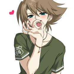 Rule 34 | 10s, 1boy, ahoge, bad id, bad pixiv id, brown hair, cardfight!! vanguard, fellatio gesture, green eyes, heart, highres, kai toshiki, looking at viewer, male focus, nail polish, open mouth, sexually suggestive, simple background, solo, tongue, white background