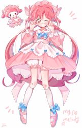 Rule 34 | 1girl, apron, blue bow, blush, bow, character name, dress, full body, hair between eyes, hair bow, hands up, hat, highres, long hair, long sleeves, looking at viewer, my melody, one eye closed, onegai my melody, pink bow, pink dress, pink eyes, pink hair, puffy sleeves, sanrio, simple background, smile, solo, stuffed animal, stuffed rabbit, stuffed toy, very long hair, white background, yalmyu